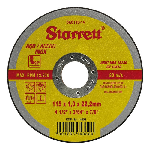 Disco Aco Inox Starrett - 4,1/2 X3,64 X7/8  - Fino 1,0mm -da