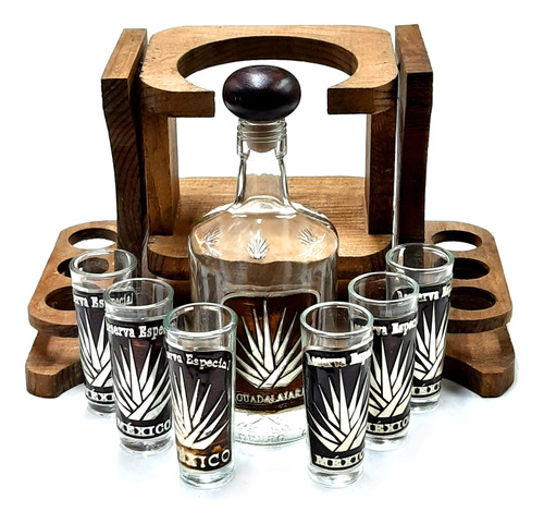 Set Licorera 750ml Y 6 Tequileros En Estuche Columpio Madera