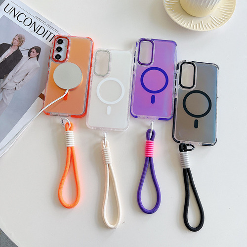 Funda De Teléfono Con Cordón Magnético Para Samsung Galaxy A56 A36 A26 A16 A06 A55 A54 A53 A35 A34 S25 Ultra Aurora Con Decoloración Láser