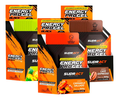 3x Energy Pro Gel Black Com Cafeina - Cx 10 Saches - Sudract Sabor Abacaxihort Cafeexp CaramelosaLG