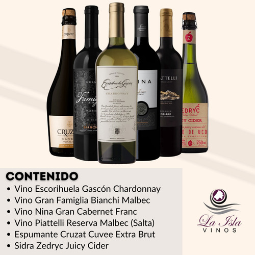 Vino Clasicos Mix + Espumante Sidra. Caja Full 6 Botellas --