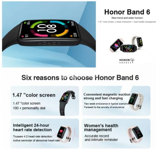 Smartwatch Honor Band 6 1.47" caja black, malla coral pink ARG-B39