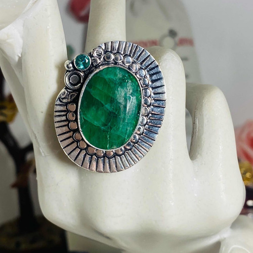 Imagen 5 de 8 de Anillo Plata India Esmeralda Facetada Y Topacio Azul N15- Ae