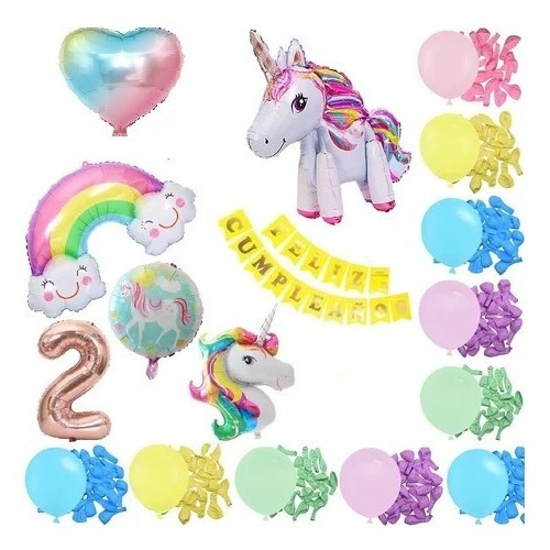 Combo Feliz Cumple Unicornio Caminante 4 D Arco Iris 