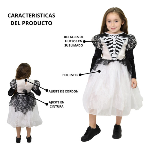 Disfraz Vestido Blanco De Catrina Esqueleto Con Maquillaje Para Niñas