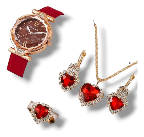 Set Reloj De Pulsera Aretes Collar Anillo Rojo