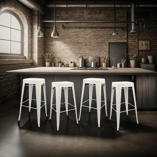 Set De 4 Banquetas Metal Alto Barra Tolix Blanco Hlc
