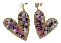Comprar Aros Baño Oro Maxi Corazones Piedras Verdes Y Fucsia