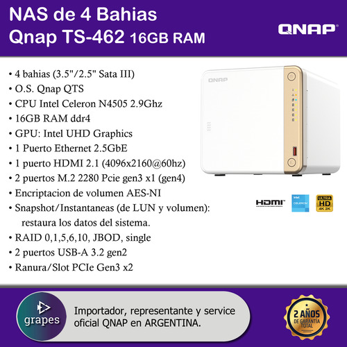 Nas Storage 4 Bahías Qnap Ts462 16gb Raid M.2 Pcie Gpu Intel