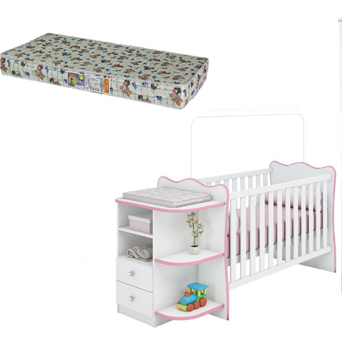 Jogo Berço Cômoda Com Colchão Branco Rosa Qmovi