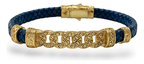Pulsera Turca De Acero Y Cuero, Para Hombre Estambul Joya Color Azul Largo 20 Cm