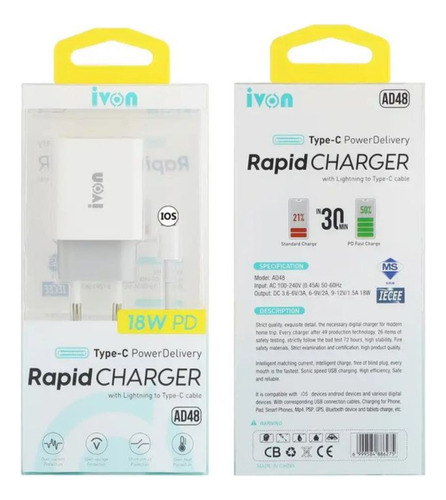 Cargador Carga Rápida 18w + Cable Para iPhone Android 