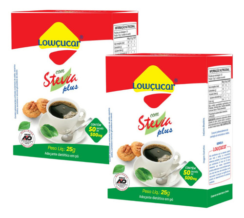 Kit Com 2 Adoçantes Lowçucar Com Stévia 50 Sachês De 0,5g