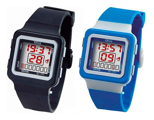 Kit 2 Relógios Infantil Prova Dágua Quadradinho Colorido Top Cor da correia Preto e azul