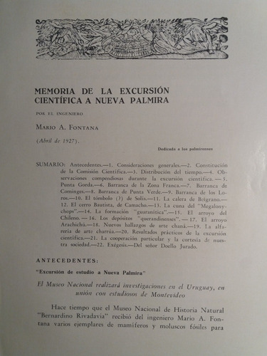 Memoria Excursión Científica Nueva Palmira 1927 M. Fontana