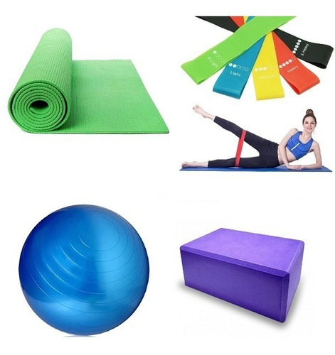 Kit De Yoga:mat 8mm, Balon 75cm, Bandas Elásticas Y Ladrillo