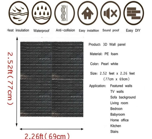 Imagem 2 de 6 de Painel Placa 3d Tijolo Preto Espuma Adesiva 77 X 70 D Parede