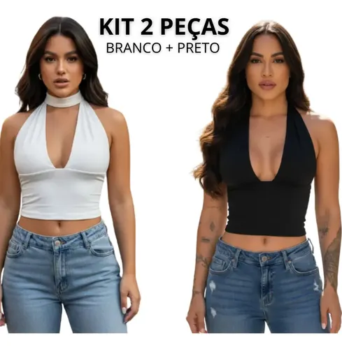 Kit 2 Cropped Amarração Top Livia Decotado Amarrar Pescoço - R$ 48,7