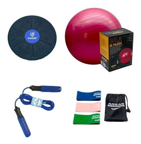 Kit Disco Equilíbrio + Mini Band + Corda + Bola Pilates 55cm