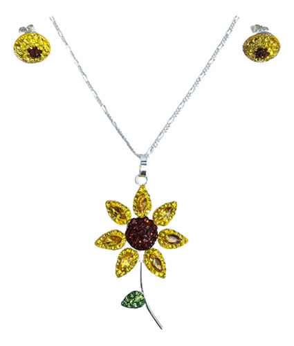 Dije Collar Aretes Girasol Flor Swarovski 100% Plata Ley 925