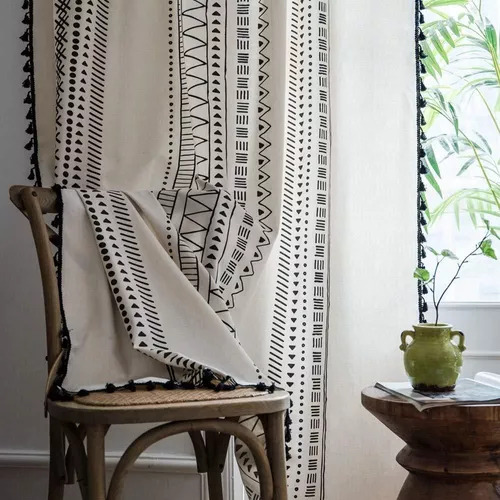 Cortinas De Ventana Con Borlas De Lino Y Algodón Negras