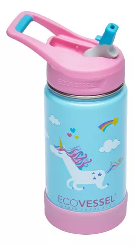 EcoVessel FROST - Botella de agua para niños de acero inoxidable con tapa  con popote, botella a prueba de fugas con asa de transporte y parachoques  de