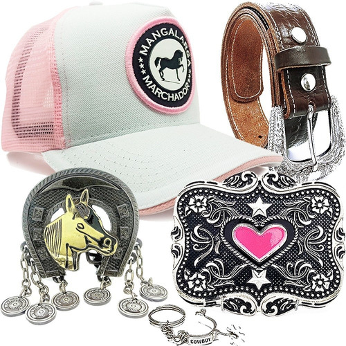 Kit Country Feminino Cinto Bruta + Boné + 2 Fivelas Cowgirl