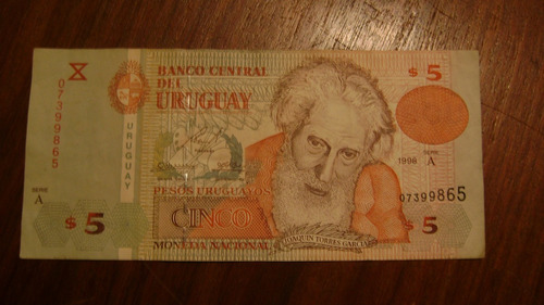 Billete Uruguay 5 Pesos Uruguayos Moneda Nacional Serie 5.1