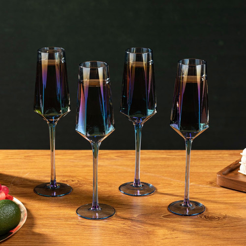 Mygift Copas De Champán Con Tallo De Cristal Azul Iridiscent