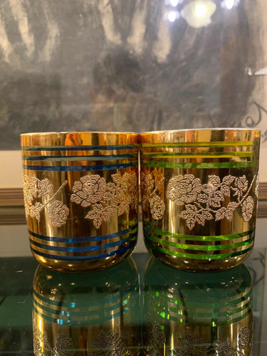 Vasos De Vidrio Azul Y Verde Baño Dorado
