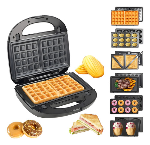Maquina Sandwichera Waflera Donera Premium 6 En 1 Negro Y Plateado