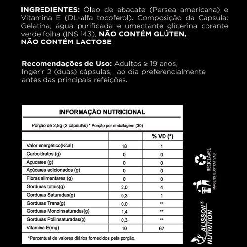 Oleo De Abacate Persea Americana 60 Softgels Alisson Nutriti Sabor Sem Sabor