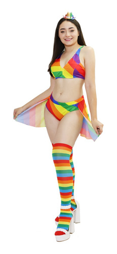 Disfraz Pride Orgullo Lgtb Top Y Falda De Arcoiris Con Medias Y Sombrerito Vaquero Unisex Adulto