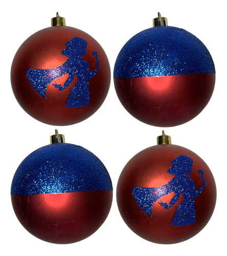Conjunto 04 Bolas Bolinhas Princesa Branca De Neve - Enfeites Árvore De Natal - Princesas Disney - Azul E Vermelho - Cromus