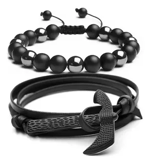 Pulsera Para Hombre Obsidiana Negra Y Hacha Pulsera 2pzs