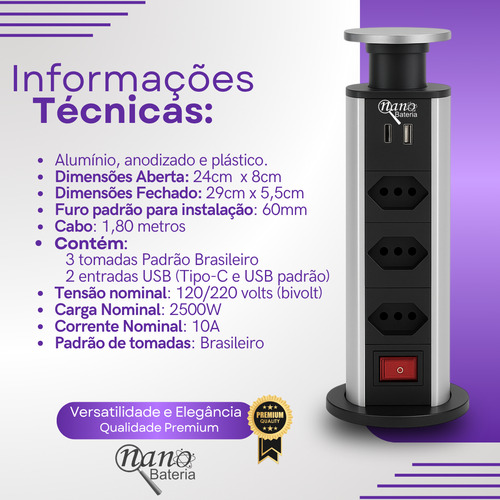 Torre 3 Tomadas Retrátil Multifuncional Multiplug Carregador Usb Tipo C Totem Mesa Bancada Cor Prateado Nano Bateria