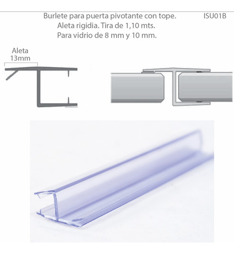 Burlete Para Mampara De Vidrio De 1.10 Mts Para 8mm Y 10mm Transparente Isu01b-10mm