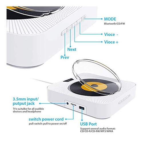Imagen 2 de 7 de Discmans Portátil Con Bluetooth Y Pantalla Led, Color Blanco