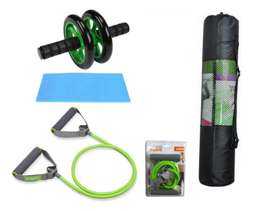 Mat Piso Yoga 6mm + Bolso + Rueda Abdominal + Liga Verde