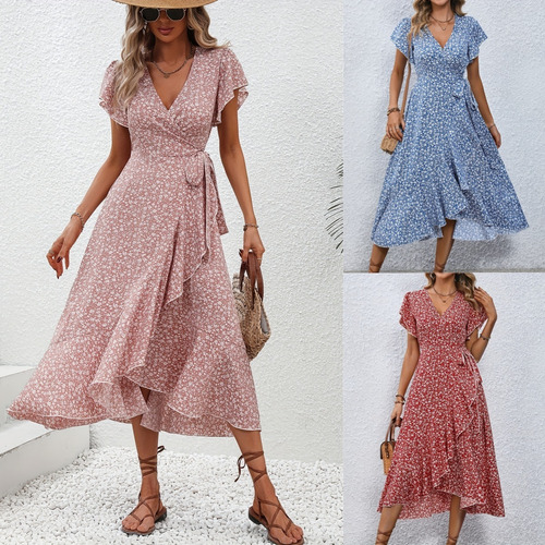 Vestido Midi Bohemio Floral Para Mujer Con Cuello En V Y Cin