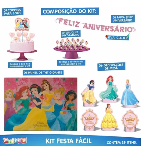 Kit Festa Princesas Disney Painel Topo de Bolo e Totens EVA