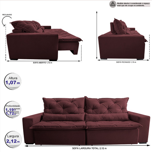 Sofá Lisboa 2,12m Retrátil, Reclinável com Molas no Assento Tecido Suede Velusoft Vinho - Cama InBox