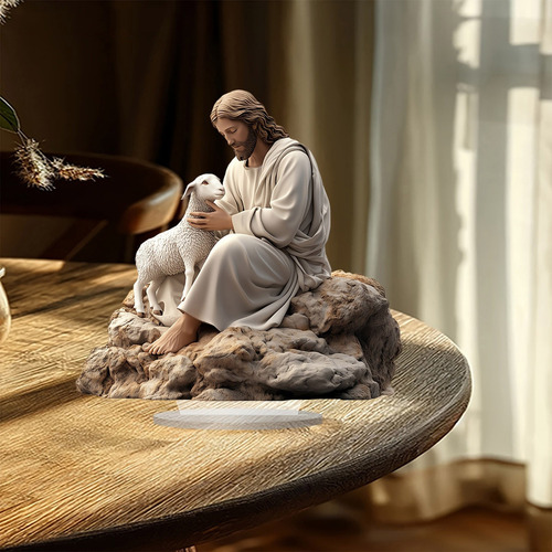 Figuras Religiosas Y Pequeñas Ovejas Sentadas Sobre Una Pied