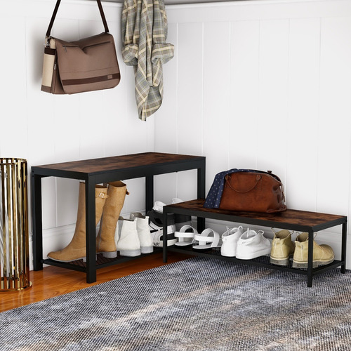 Mu:4life Set De 2 En 1 Bancos Zapateras Metálica Y Tabla Mdf Color Atigrado