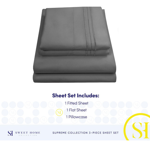 Juego De Sábanas Suaves Individuales 1800 Hilos Gris