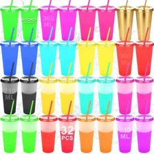 32pzs Vasos Magicos Cambian De Color Con Tapa Y Popote KITCHOP 710ml Multi Plástico Reutilizables