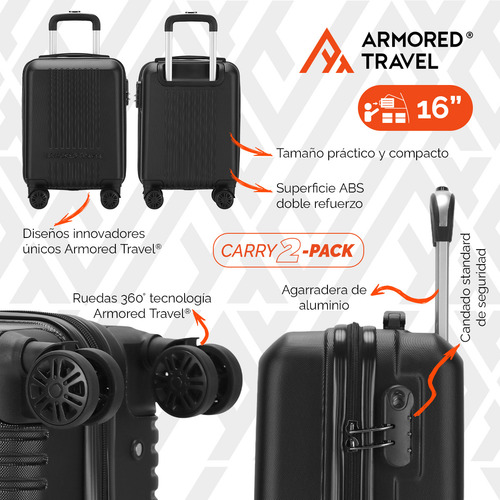 Maletas De Viaje Carry-on De Mano Cabina 10kg 20 + 16p Rígida Set De Viaje 2 Pack Nitro Negra Abs Doble Calibre Con Cierre Expandible, Llantas Desmontables Y Candado Seguridad Tsa Lock Armored Travel