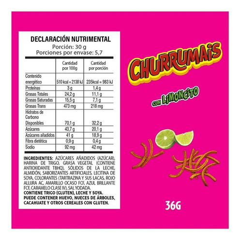 Botana Churrumais Limón Y Chile 12 Piezas De 36 Gramos C/u
