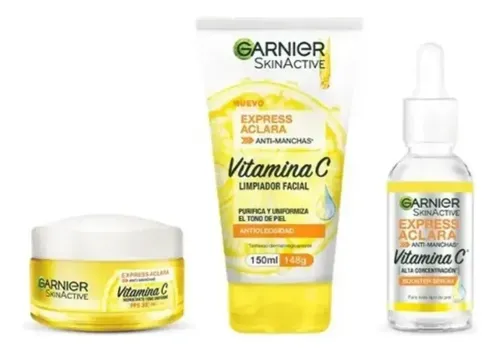 Kit Garnier Express Aclara Rutina Anti Manchas Con Vitamina C, Gel Limpiador, Sérum Facial Y Crema Hidratante Fps30, Hidrata, Ilumina Y Unifica El Tono De La Piel