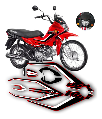 Kit Adesivos Faixas Pop 110i Completa Cores Personalizadas Cor Moto Vermelha Preto e Branco